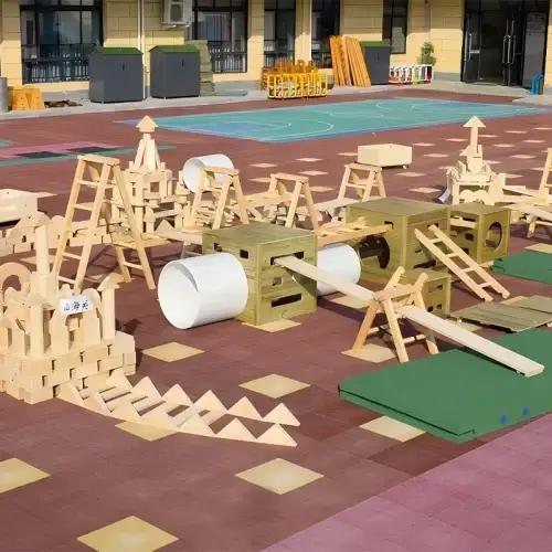 Large wooden building blocks set for outdoor preschool exploration play
