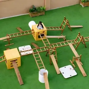 Wooden outdoor obstacle course for kids 40pcs climbing frame set